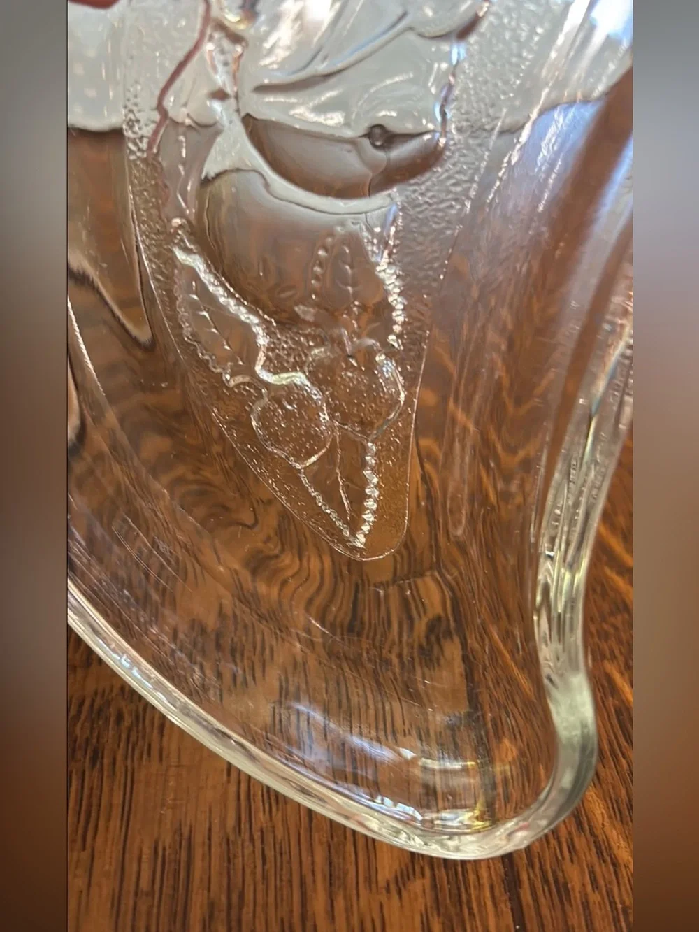 Vintage clear crescent shaped glass side or bone dishe with fruit design